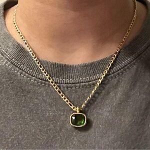 New! Figaro Chain Green Zirconia Emerald Color Pendant, 18k Gold Plated Necklace